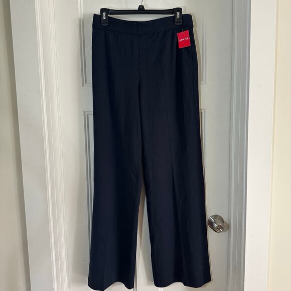 Spanx NWT Wide Leg Navy Gray Pin Stripe Med Perfect Dress Pants Ponte Pockets - Picture 1 of 13